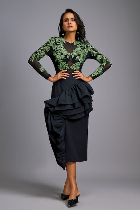 Deepika Arora Embroidered Net & Silk Top With Ruffled Skirt 