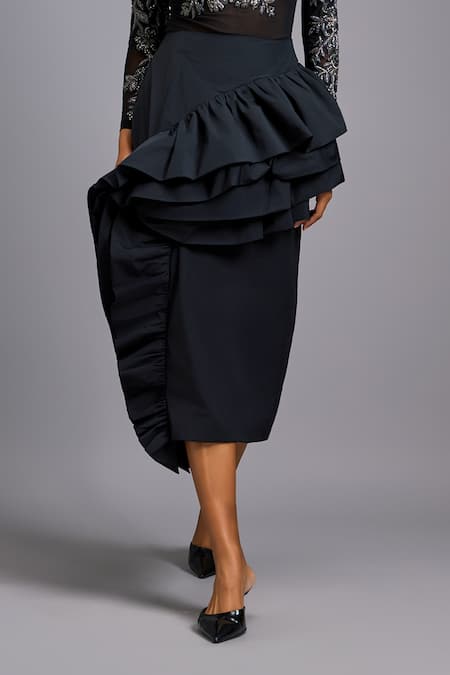 Deepika Arora_Black Net, Silk Embroidery, Stones, Ruffles Round Neck Top And Asymmetrical Skirt _Online_at_Aza_Fashions