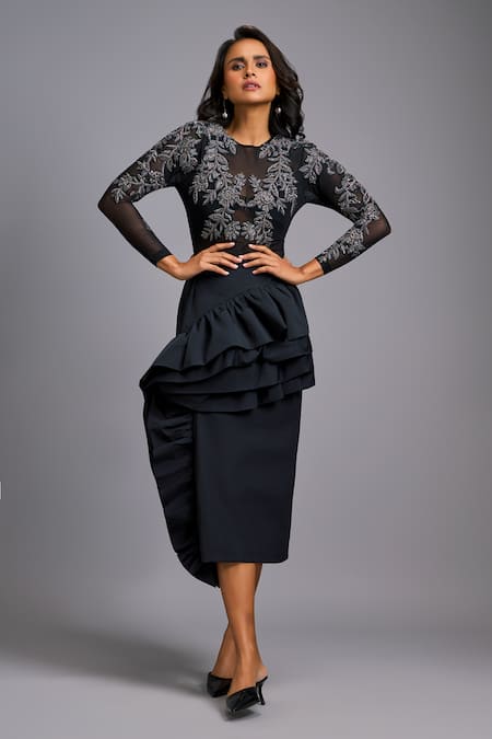 Deepika Arora Embroidered Net Top & Asymmetrical Ruffle Skirt 