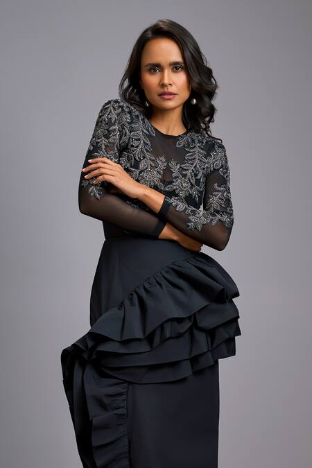 Deepika Arora_Black Net, Silk Embroidery, Stones, Ruffles Round Neck Top And Asymmetrical Skirt _at_Aza_Fashions