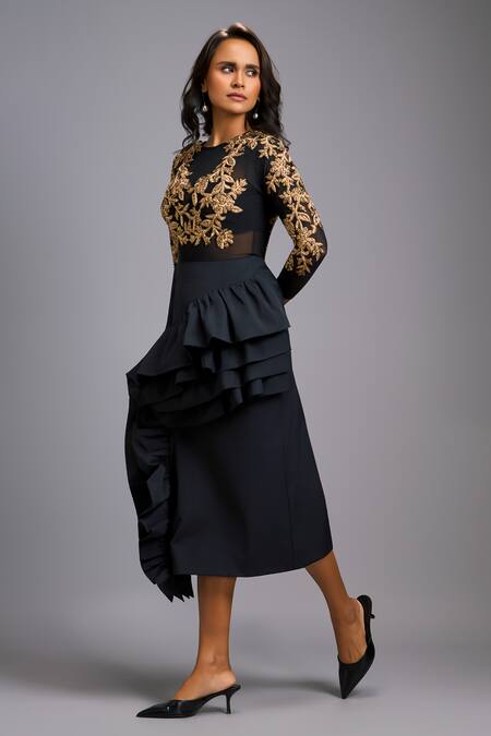 Deepika Arora_Black Net, Silk Embroidery, Ruffles Round Neck Gold Top And Skirt _Online_at_Aza_Fashions