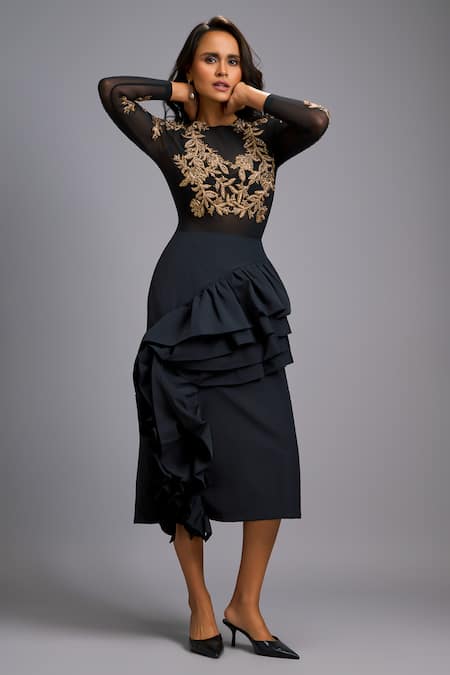 Buy_Deepika Arora_Black Net, Silk Embroidery, Ruffles Round Neck Gold Top And Skirt _Online_at_Aza_Fashions