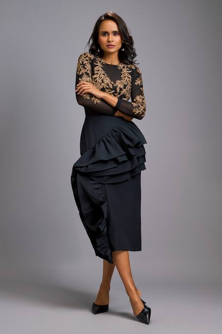 Shop_Deepika Arora_Black Net, Silk Embroidery, Ruffles Round Neck Gold Top And Skirt _Online_at_Aza_Fashions