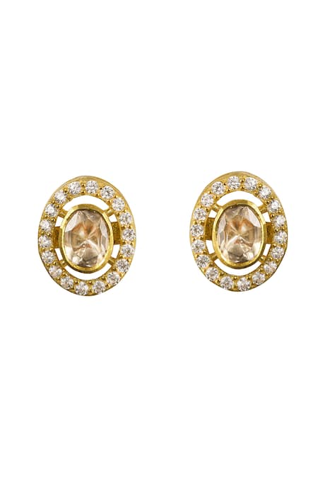 Shop Sica Jewellery Gold Plated Stones Ziya Oval And Cz Stud Earrings at Aza Fashions Shop_Sica Jewellery_Gold Plated Stones Ziya Oval And Cz Stud Earrings _at_Aza_Fashions