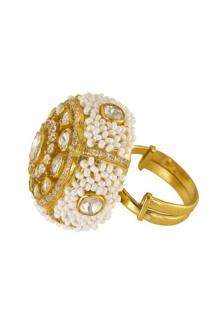 Sica Jewellery Yellow Pearls, Stones Suriyanika And Kundan Embellished Ring Online at Aza Fashions Sica Jewellery_Yellow Pearls, Stones Suriyanika And Kundan Embellished Ring _Online_at_Aza_Fashions