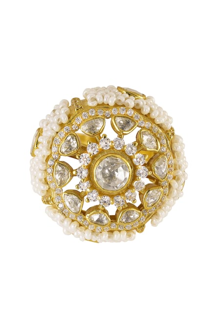 Shop Sica Jewellery Yellow Pearls, Stones Suriyanika And Kundan Embellished Ring at Aza Fashions Shop_Sica Jewellery_Yellow Pearls, Stones Suriyanika And Kundan Embellished Ring _at_Aza_Fashions