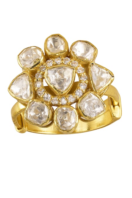 Shop_Sica Jewellery_Gold Plated Stones Solika Kundan And Zircon Embellished Floral Ring _at_Aza_Fashions