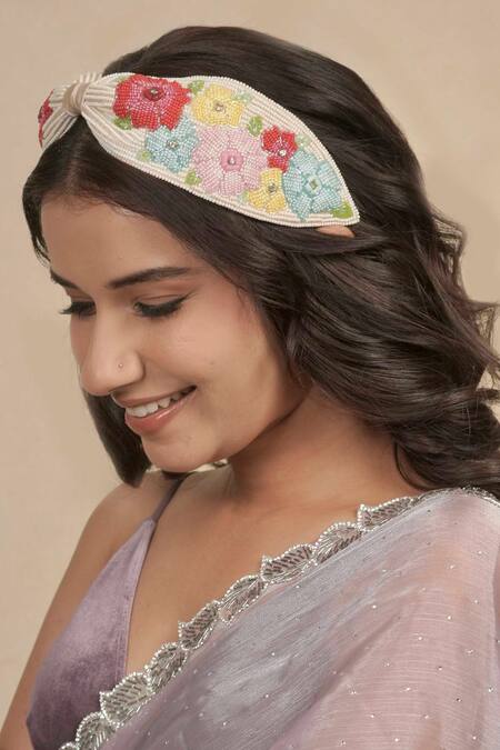 Hair Drama CO_Off White Beads, Fabric Flowers Peony Embellished Knotted Hairband _Online_at_Aza_Fashions