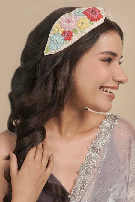 Buy_Hair Drama CO_Off White Beads, Fabric Flowers Peony Embellished Knotted Hairband _Online_at_Aza_Fashions