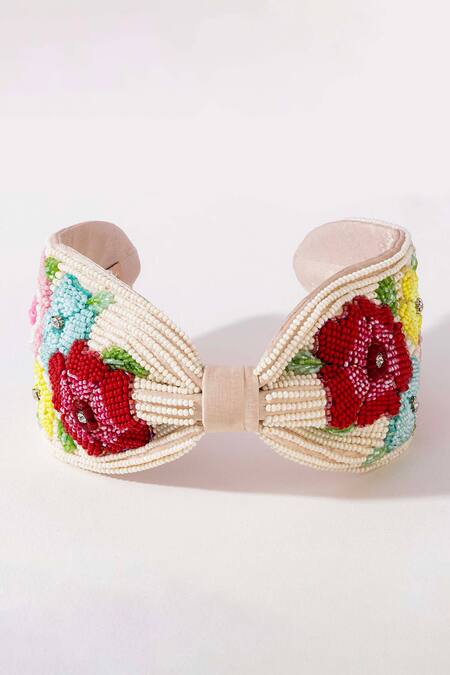 Shop_Hair Drama CO_Off White Beads, Fabric Flowers Peony Embellished Knotted Hairband _Online_at_Aza_Fashions