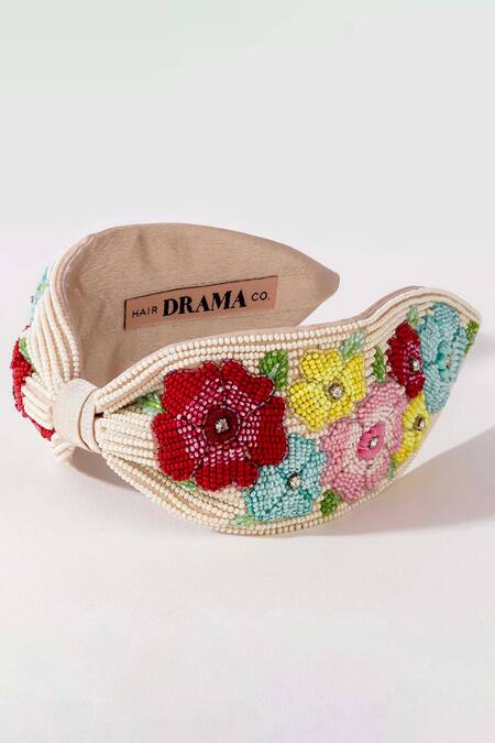 Hair Drama CO_Off White Beads, Fabric Flowers Peony Embellished Knotted Hairband _at_Aza_Fashions