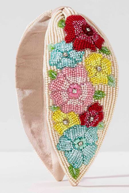 Buy_Hair Drama CO_Off White Beads, Fabric Flowers Peony Embellished Knotted Hairband 