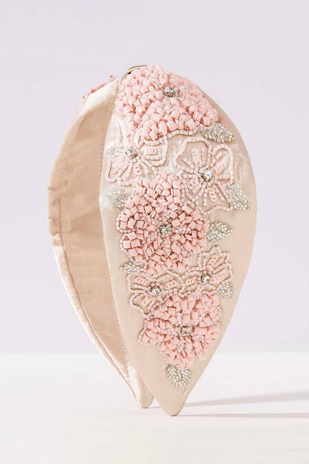 Shop_Hair Drama CO_Pink Beads, Stones Peony Embellished Knotted Hairband _Online_at_Aza_Fashions