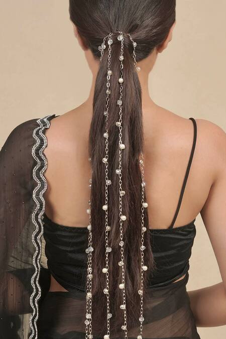 Hair Drama CO_White Sitara Crystal And Pearl Tassels Parandi _Online_at_Aza_Fashions