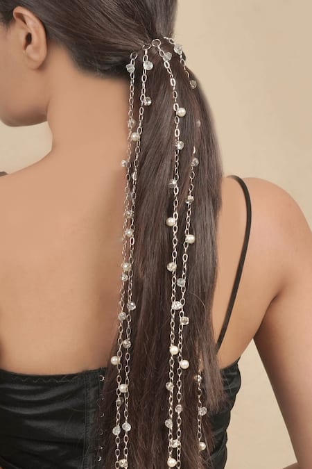 Buy_Hair Drama CO_White Sitara Crystal And Pearl Tassels Parandi _Online_at_Aza_Fashions