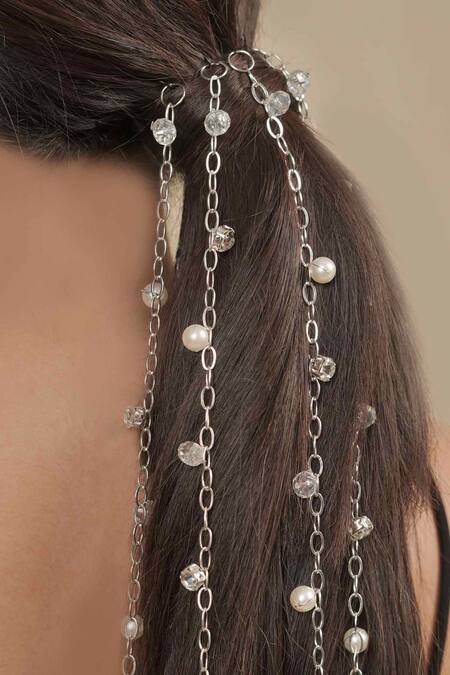 Hair Drama CO_White Sitara Crystal And Pearl Tassels Parandi _at_Aza_Fashions