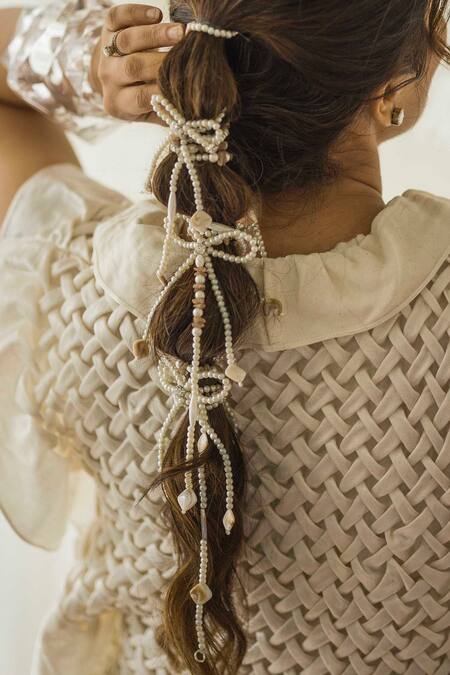 Buy_Hair Drama CO_White Diva Drapes Crystal And Pearl Tassels Parandi _Online_at_Aza_Fashions