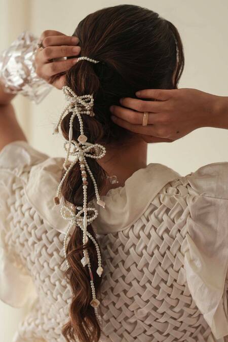 Hair Drama CO_White Diva Drapes Crystal And Pearl Tassels Parandi _at_Aza_Fashions