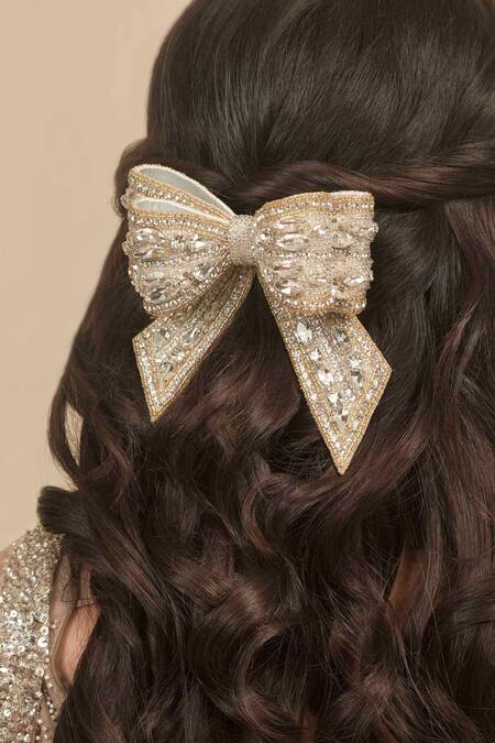 Hair Drama CO_Off White Crystals, Beads Embellished Hair Bow Barrette Clip _Online_at_Aza_Fashions