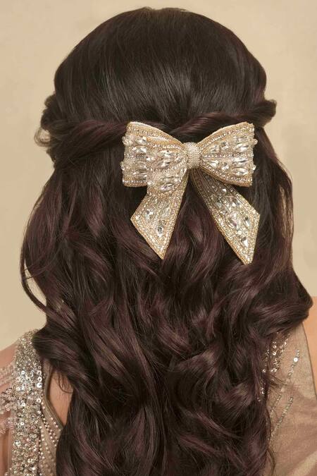 Shop_Hair Drama CO_Off White Crystals, Beads Embellished Hair Bow Barrette Clip _Online_at_Aza_Fashions