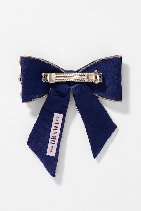 Buy_Hair Drama CO_Navy Stones, Crystals Embellished Kundan Bow Hair Clip _Online_at_Aza_Fashions