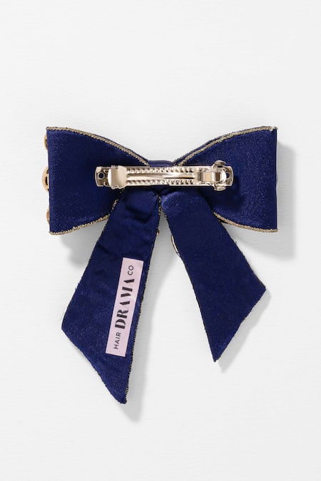 Shop_Hair Drama CO_Navy Stones, Crystals Embellished Kundan Bow Hair Clip _Online_at_Aza_Fashions