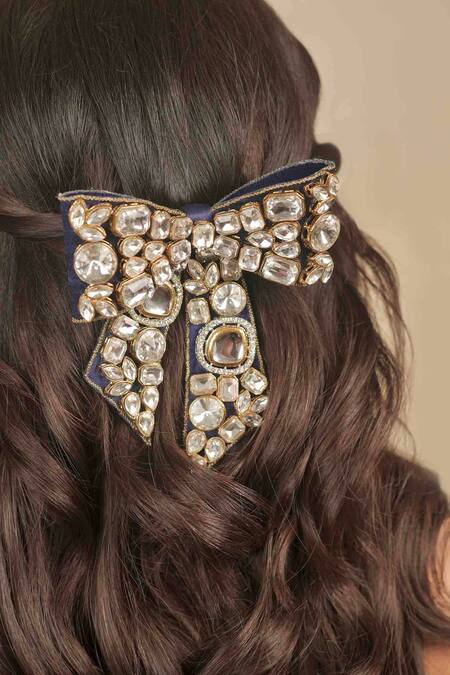 Hair Drama CO_Navy Stones, Crystals Embellished Kundan Bow Hair Clip _at_Aza_Fashions