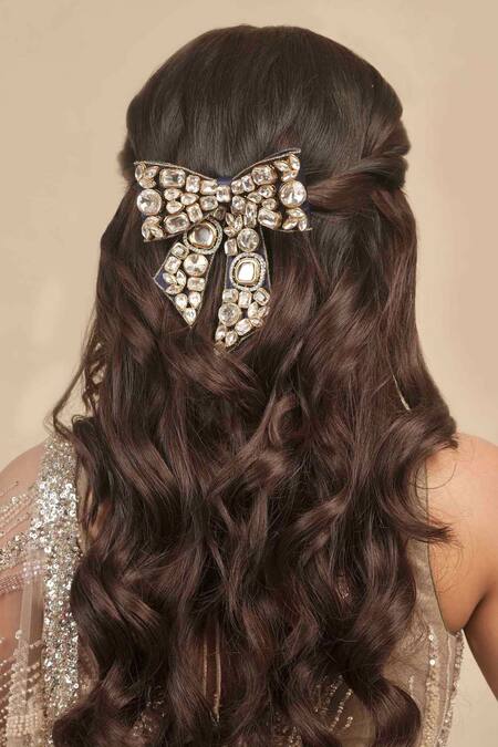 Buy_Hair Drama CO_Navy Stones, Crystals Embellished Kundan Bow Hair Clip 