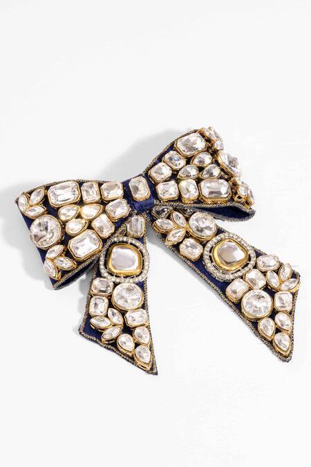 Shop_Hair Drama CO_Navy Stones, Crystals Embellished Kundan Bow Hair Clip 