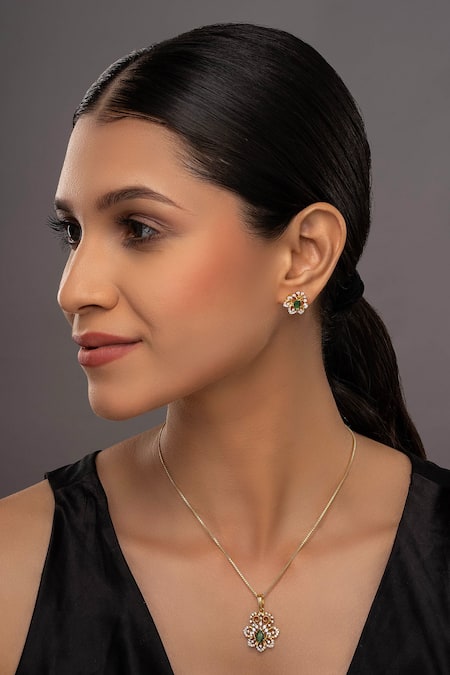 Sica Jewellery Shreena Floral Motif Pendant Set With Chain & Earrings 