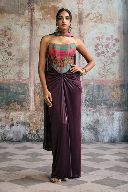 Shop_SAANJH BY LEA_Multi Color Brocade, Spandex Embroidery Bandeau Riva Silk Corset Wrap Skirt Set _Online_at_Aza_Fashions