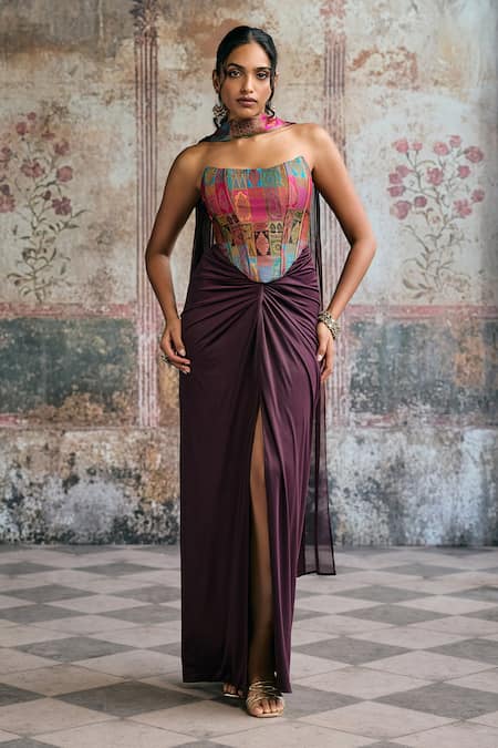 SAANJH BY LEA_Multi Color Brocade, Spandex Embroidery Bandeau Riva Silk Corset Wrap Skirt Set _at_Aza_Fashions