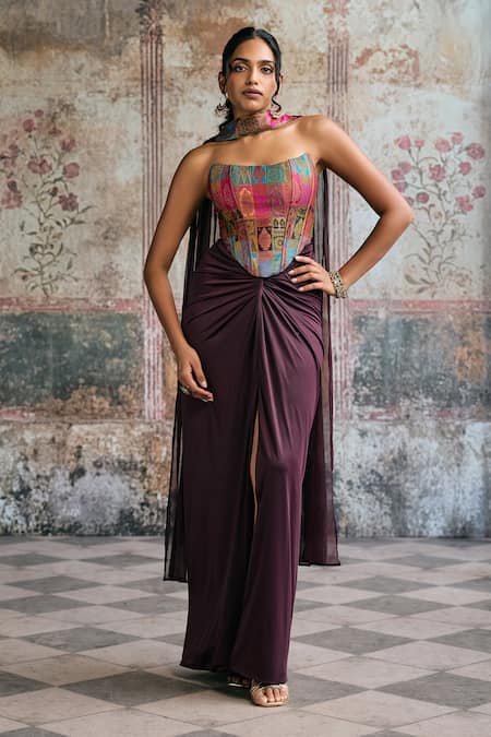 SAANJH BY LEA Riva Silk Brocade Corset Wrap Skirt Set 