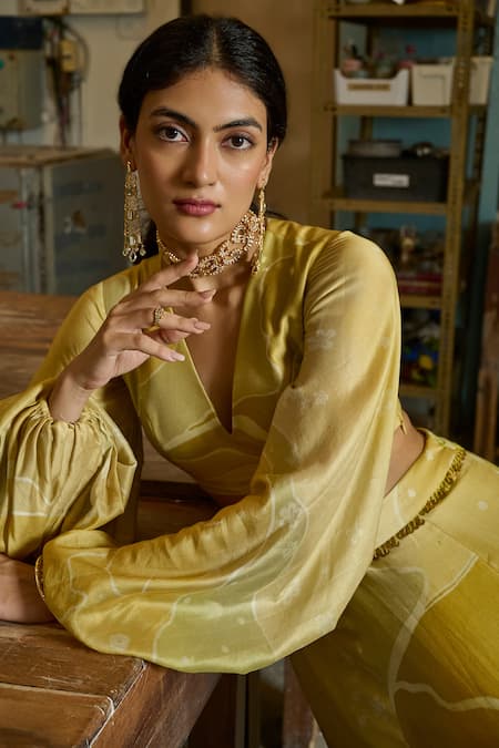 Ankita Dharman Yellow Chanderi Tassels V-neck Sunshine Riya Lehenga Set Online at Aza Fashions Ankita Dharman_Yellow Chanderi Tassels V-neck Sunshine Riya Lehenga Set_Online_at_Aza_Fashions