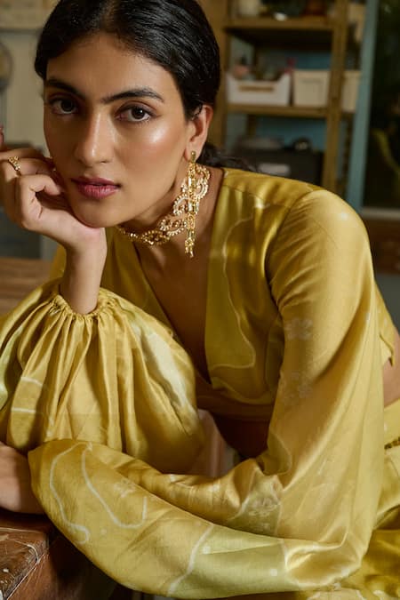 Buy Ankita Dharman Yellow Chanderi Tassels V-neck Sunshine Riya Lehenga Set Online at Aza Fashions Buy_Ankita Dharman_Yellow Chanderi Tassels V-neck Sunshine Riya Lehenga Set_Online_at_Aza_Fashions