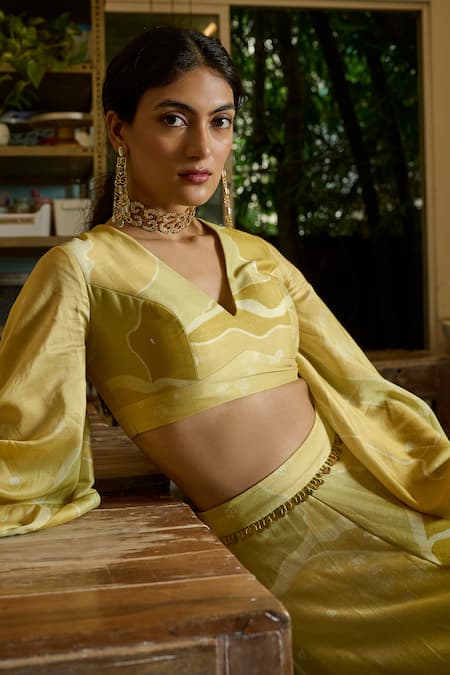 Ankita Dharman Yellow Chanderi Tassels V-neck Sunshine Riya Lehenga Set at Aza Fashions Ankita Dharman_Yellow Chanderi Tassels V-neck Sunshine Riya Lehenga Set_at_Aza_Fashions