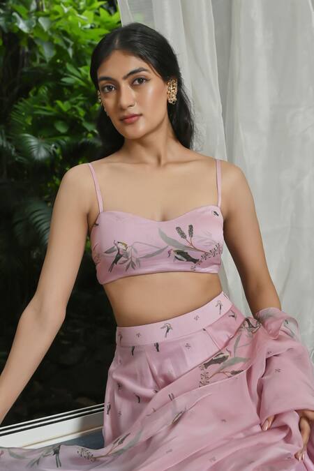 Ankita Dharman_Pink Chanderi, Organza Sweetheart Neck Sparrows Strappy Blouse Lehenga Set _Online_at_Aza_Fashions