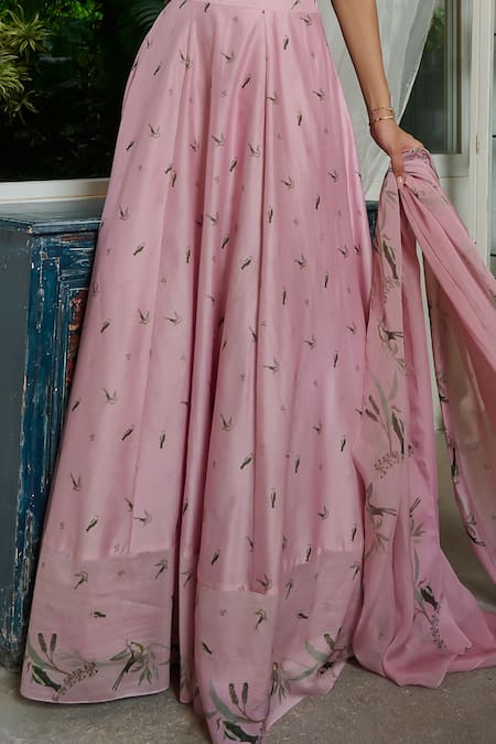 Buy_Ankita Dharman_Pink Chanderi, Organza Sweetheart Neck Sparrows Strappy Blouse Lehenga Set _Online_at_Aza_Fashions
