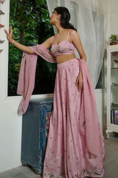 Shop_Ankita Dharman_Pink Chanderi, Organza Sweetheart Neck Sparrows Strappy Blouse Lehenga Set _Online_at_Aza_Fashions