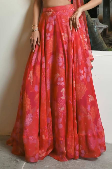 Ankita Dharman Red Organza Tassels Bandeau Neck Scarlet Corset Lehenga Set Online at Aza Fashions Ankita Dharman_Red Organza Tassels Bandeau Neck Scarlet Corset Lehenga Set_Online_at_Aza_Fashions