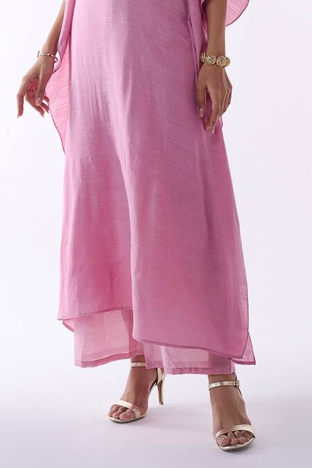 Ankita Dharman_Pink Chanderi Embroidery Round Neck Yoke Kaftan With Pant _Online_at_Aza_Fashions