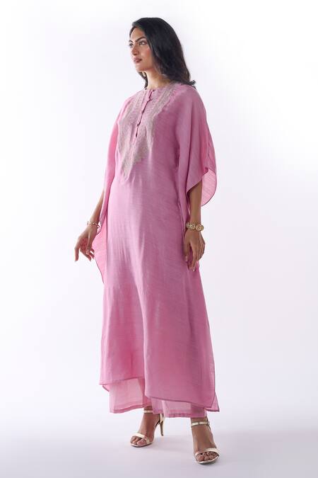 Buy_Ankita Dharman_Pink Chanderi Embroidery Round Neck Yoke Kaftan With Pant _Online_at_Aza_Fashions