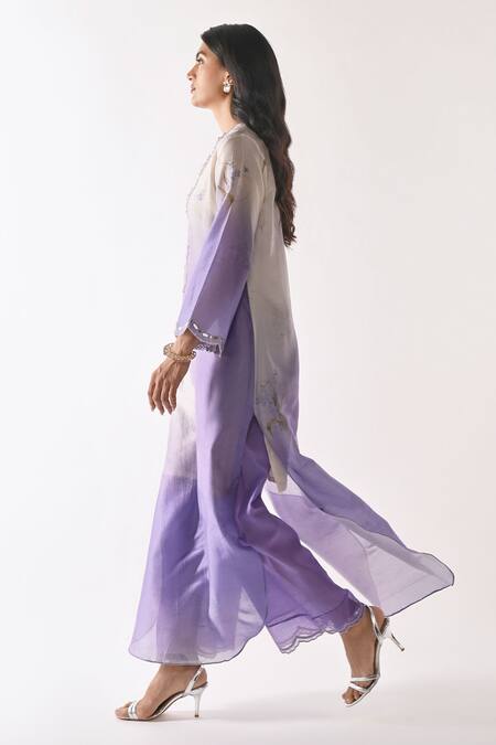 Ankita Dharman_White Chanderi Mirrors, Embroidery V-neck Purple Poem Kaftan With Pant_Online_at_Aza_Fashions