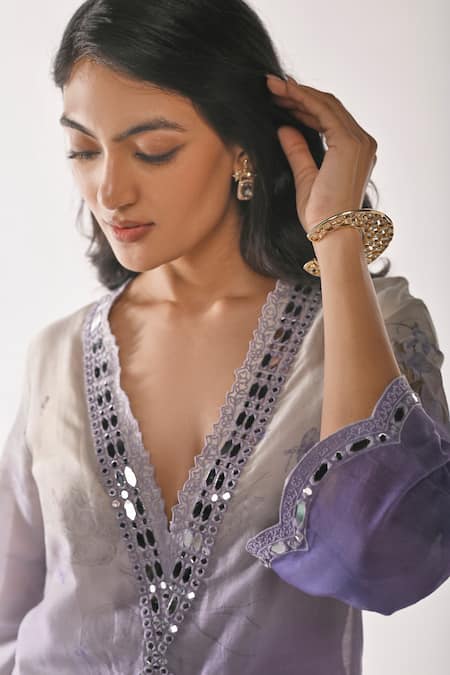 Buy_Ankita Dharman_White Chanderi Mirrors, Embroidery V-neck Purple Poem Kaftan With Pant_Online_at_Aza_Fashions