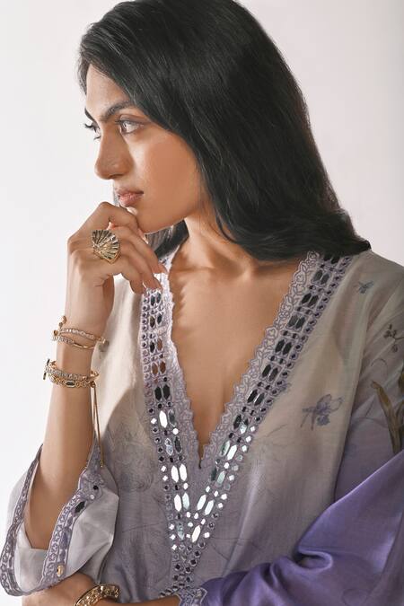 Shop_Ankita Dharman_White Chanderi Mirrors, Embroidery V-neck Purple Poem Kaftan With Pant_Online_at_Aza_Fashions