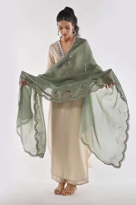 Ankita Dharman_Ivory Chanderi, Organza Mirrors V-neck Pearl Kaftan Pant Set _Online_at_Aza_Fashions