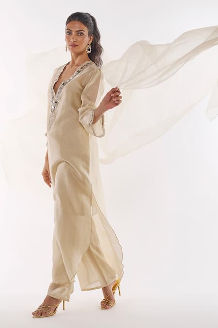 Ankita Dharman Ivory Pearl Mirror Work Neck Kaftan Set 