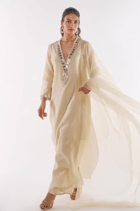 Ankita Dharman Ivory Pearl Mirror Work Neck Kaftan Set 