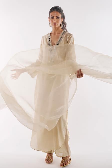 Shop_Ankita Dharman_Ivory Chanderi, Organza Mirrors V-neck Pearl Work Kaftan Set _Online_at_Aza_Fashions
