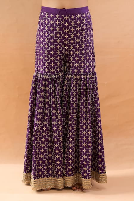 Gopi Vaid_Purple Tussar, Organza Embroidery, Zari V-neck Kurta And Sharara Set _at_Aza_Fashions